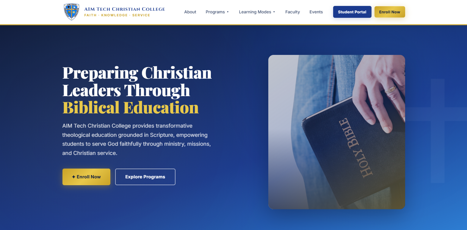 Aimtech Christian College website hero section